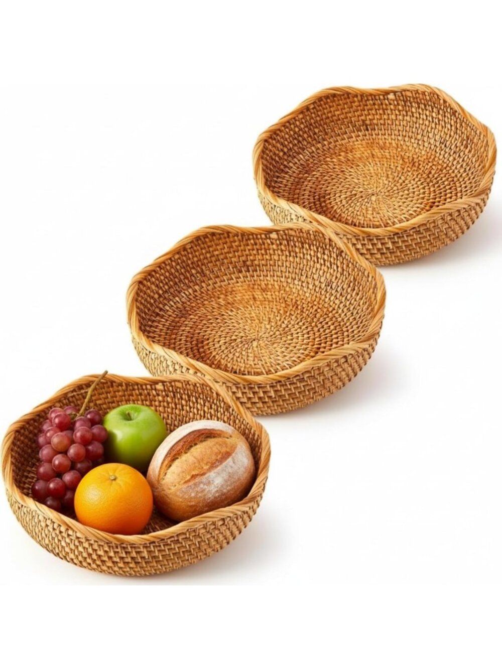 Set of 3 Scalloped Rattan Baskets - 10.2 Inch Round Wicker Bowls for Storage